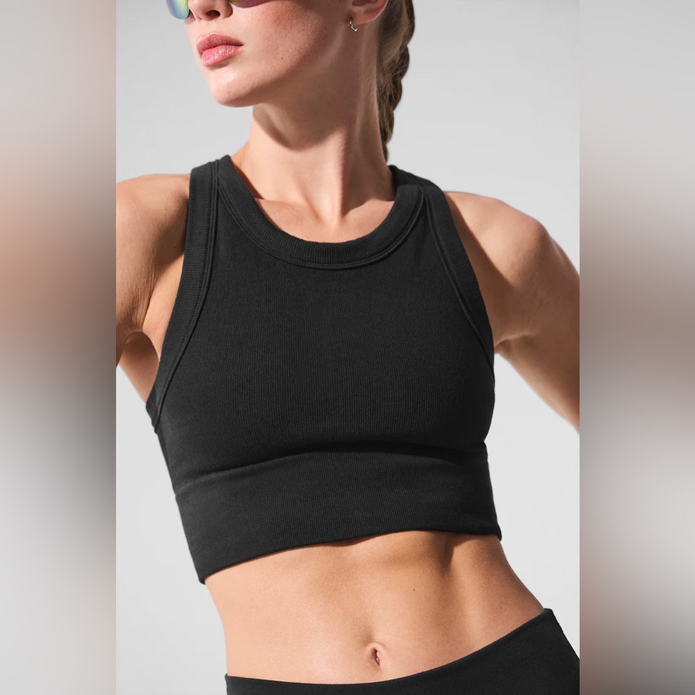 Alo seamless delight high neck bra cropped tank, black
